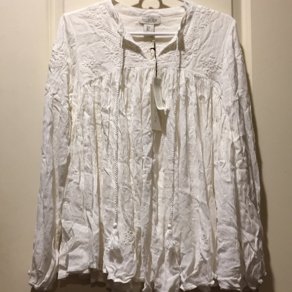 NWT Rachel Zoe Embroidered flowy tunic boho long sleeves Top rayon blend size S